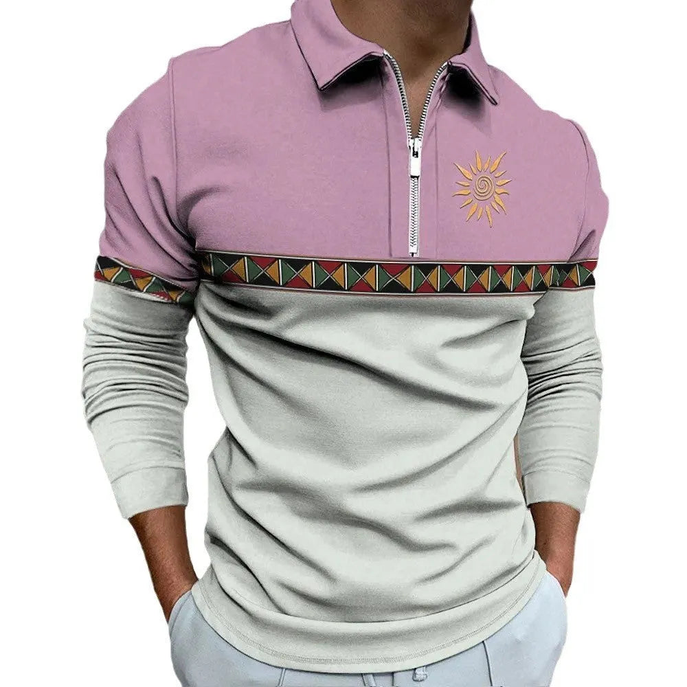 Men's retro print loose fit long sleeve t-shirt with striped pattern and zip decoration