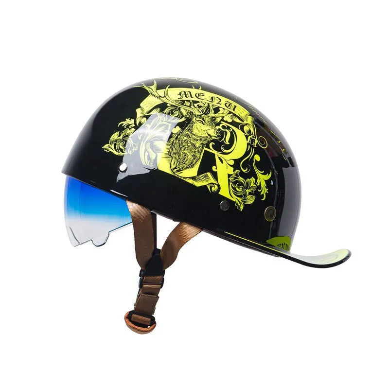 Bright black retro half helmet for electric bikes with a gradient blue visor, shown from the side.
