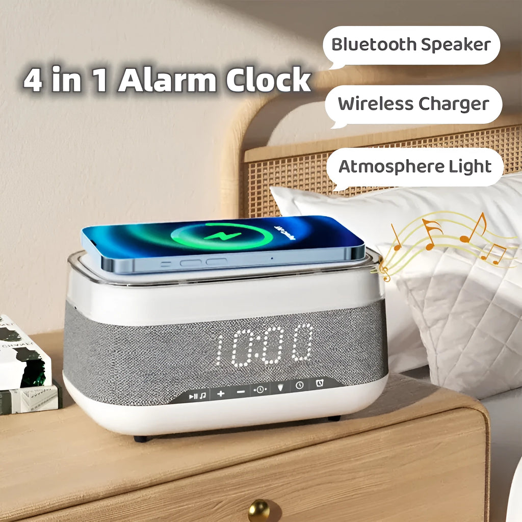 White multifunctional alarm clock with Bluetooth speaker and wireless charging pad