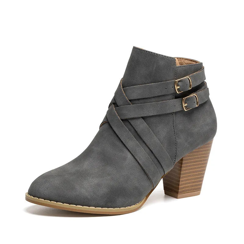 Women's short ankle boots with a side zipper and 7cm heel, shown in grey colour.