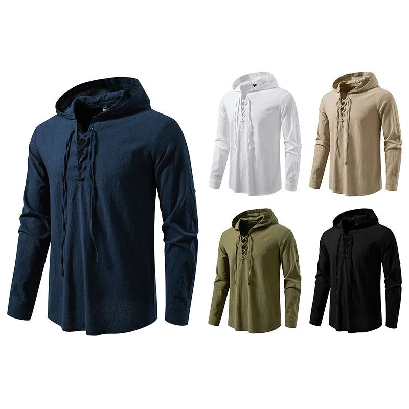 Men's cotton linen drawstring long sleeve pirate print shirt in white, slim fit pullover style