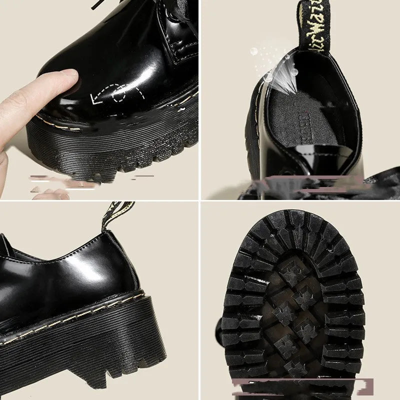 Women's black thick soled leather shoes with cross strap and ribbon lacing closure