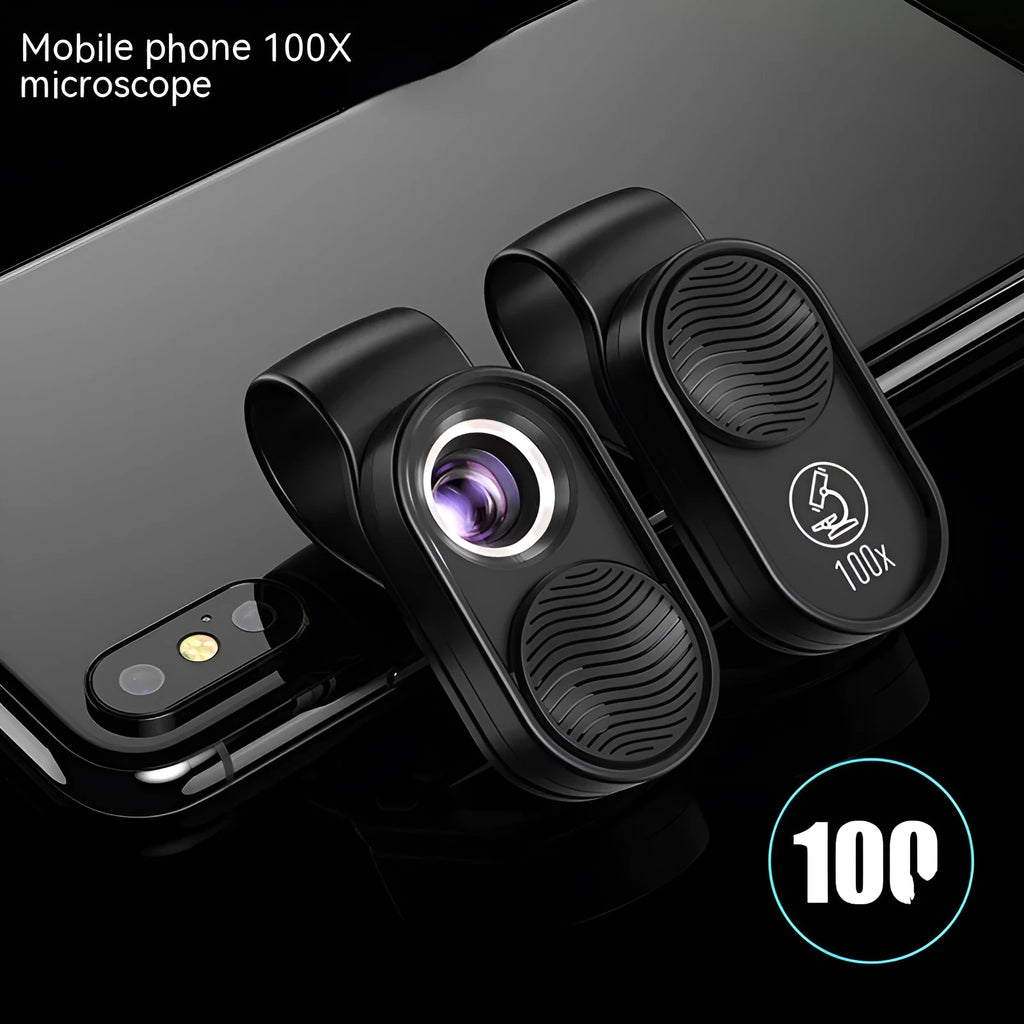 Black mobile magnification microscope with LED light clamped onto a smartphone, showing 100x magnification lens detail