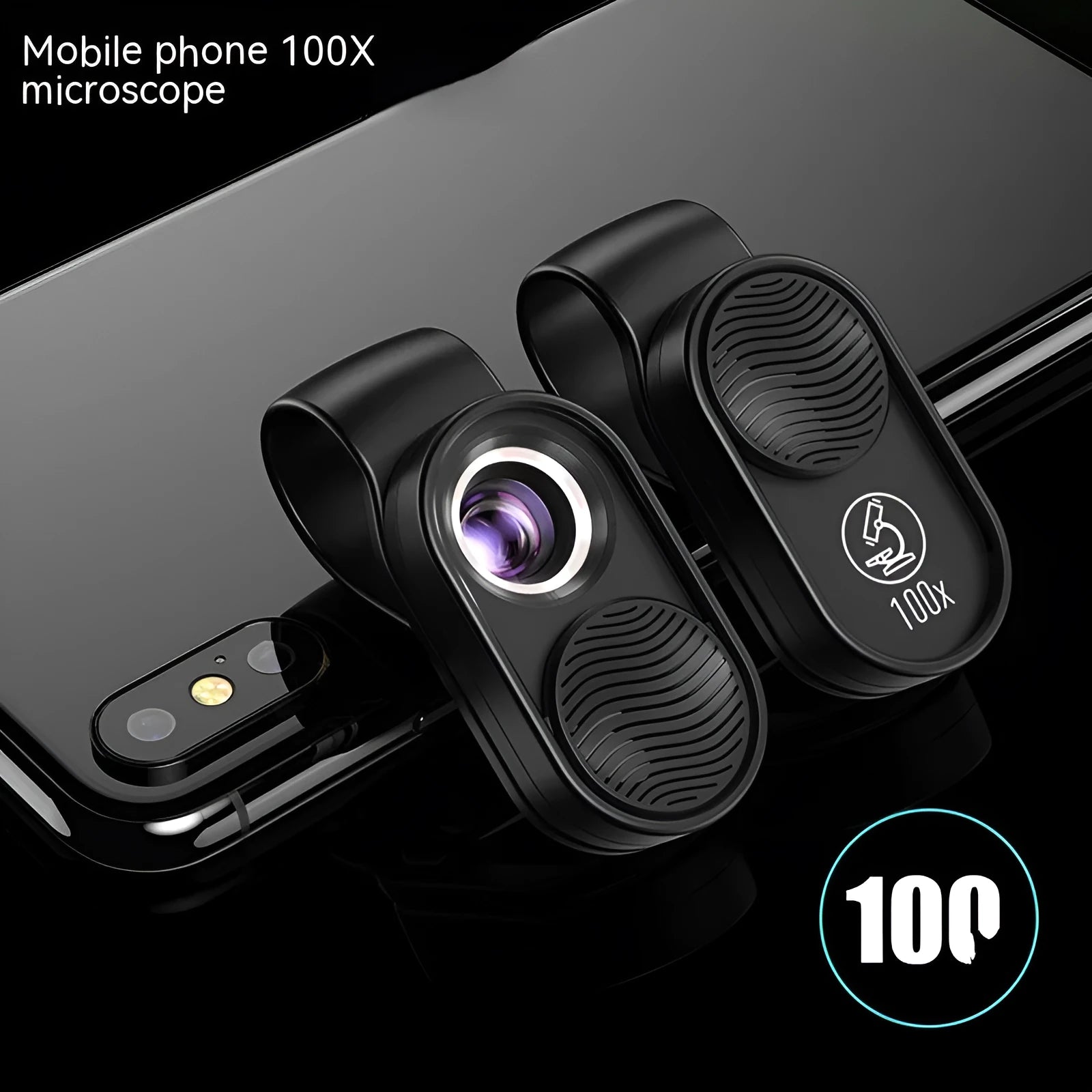 Black mobile magnification microscope with LED light clamped onto a smartphone, showing 100x magnification lens detail