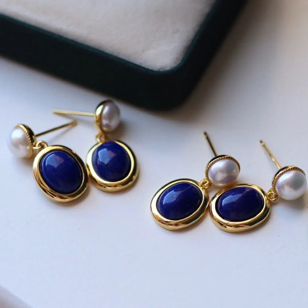 Natural lapis lazuli pearl earrings in 925 Sterling Silver with auspicious patterns