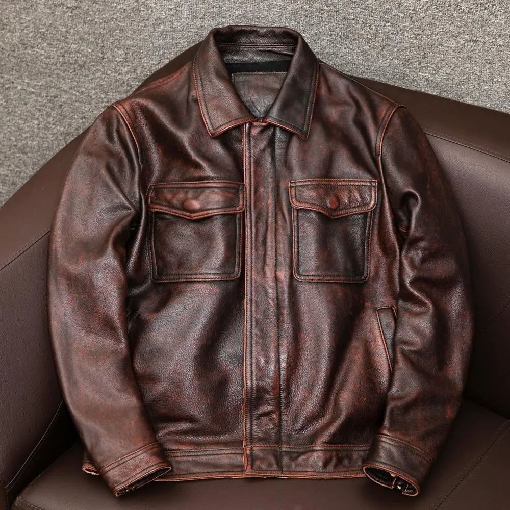 Men's black lapel leather jacket with side seam pockets in loose fit design