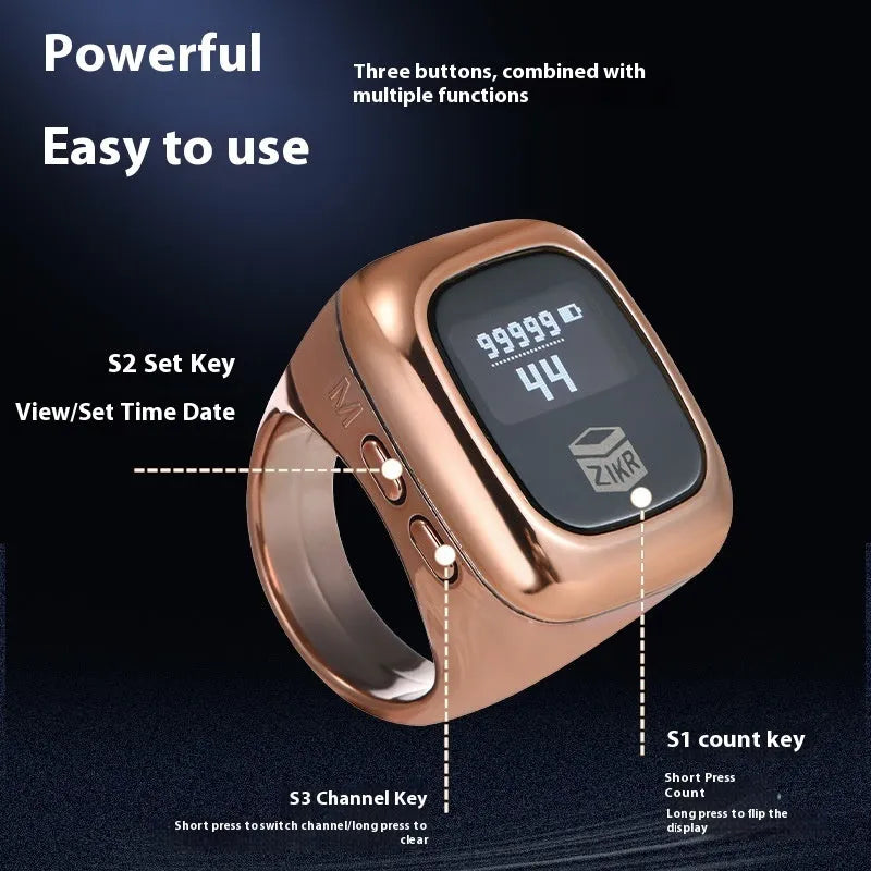 Al-Fatiha Zikr digital wrist counter on strap, showing display screen, available in multiple colours and sizes.