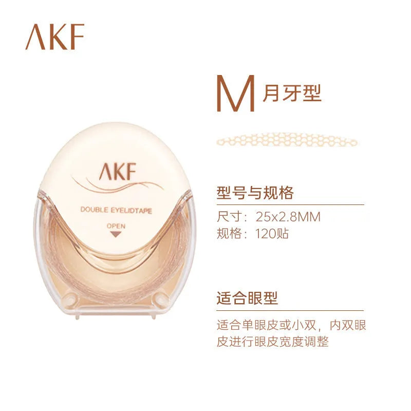 Roll of transparent lace double eyelid stickers, 120 pieces, showing Crescent and Olive shape options.