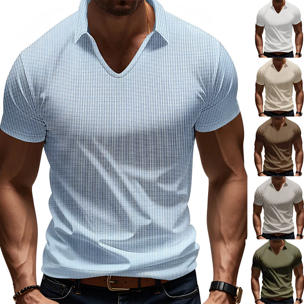 Men's casual V-neck short sleeve shirt in loose fit cotton blend fabric