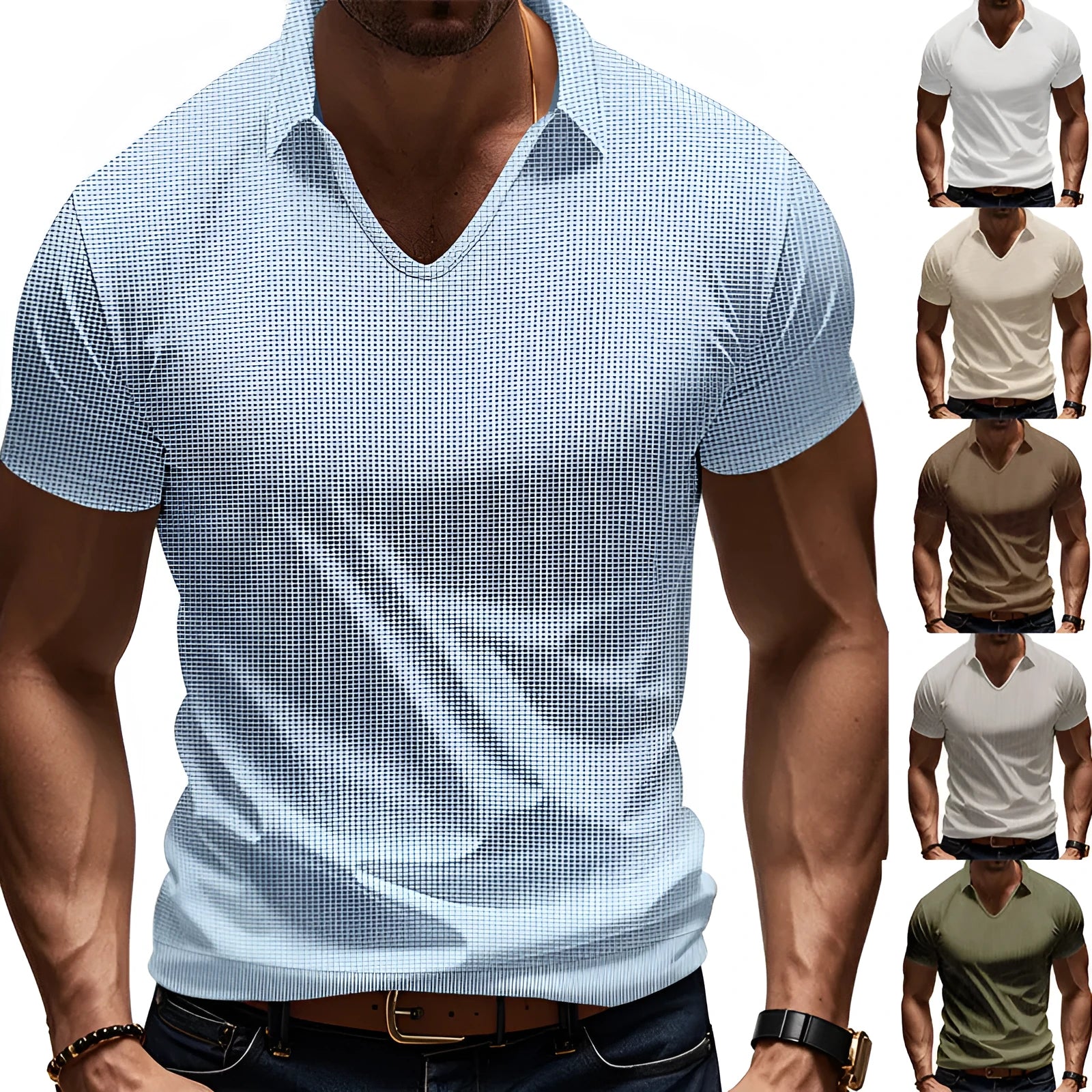 Men's casual V-neck short sleeve shirt in loose fit cotton blend fabric