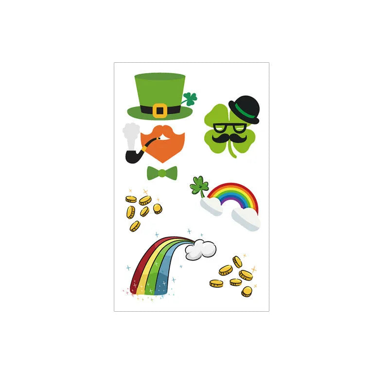 Children's temporary tattoo sticker with green Irish festival flag and clover design on paper.