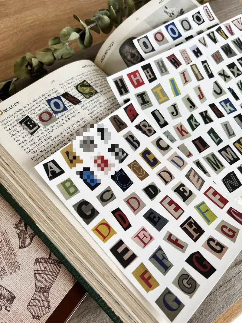 English letters and numbers symbol label sticker sheets showing alphabet sets and week words for decoration