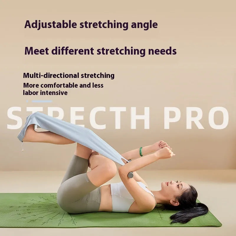 Grey and pink yoga stretching tool for shoulder, back and hip flexibility exercises.