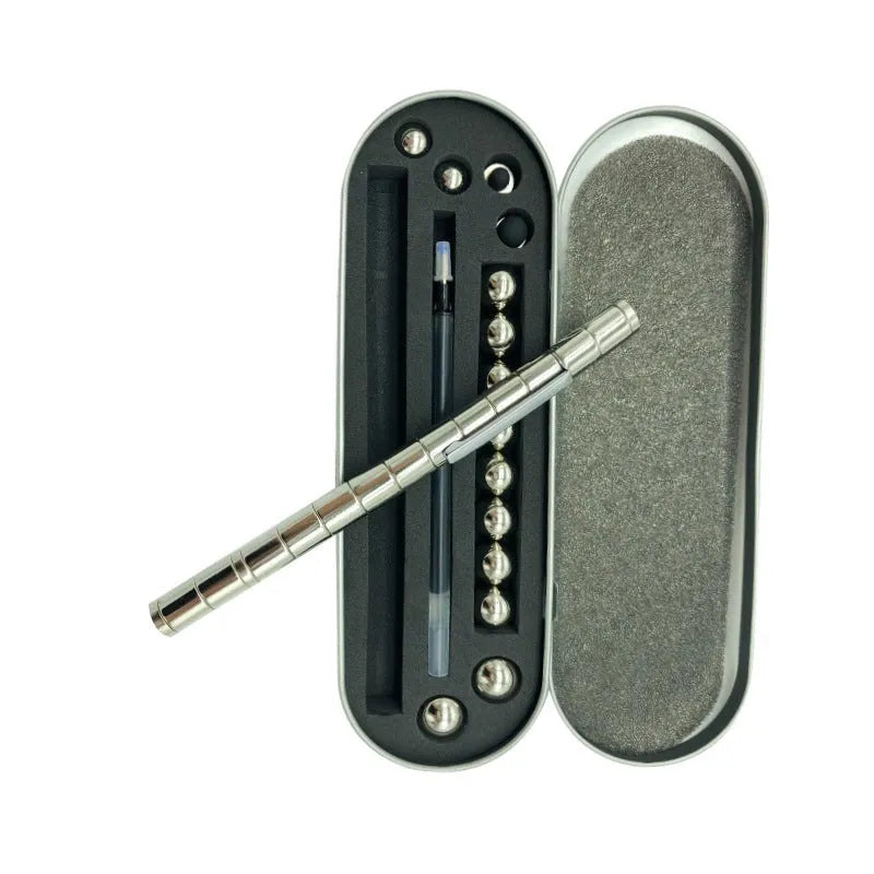 Magnetic modular pen set in silver iron box with 13 rings, 12 balls, 3 refills, 2 capacitor heads, and upgraded magnets