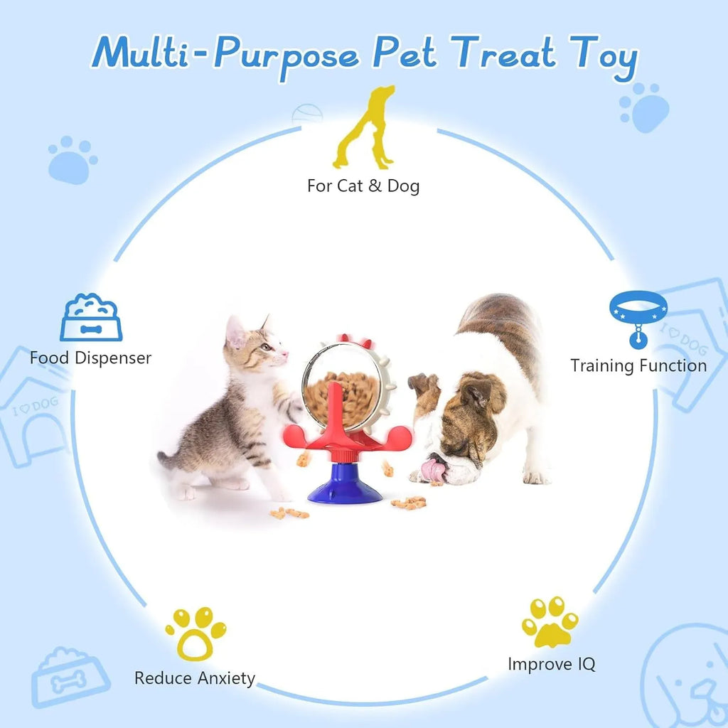 Interactive pet puzzle toy with spinner and sucker base in blue, green, red or yellow for cats and small dogs.