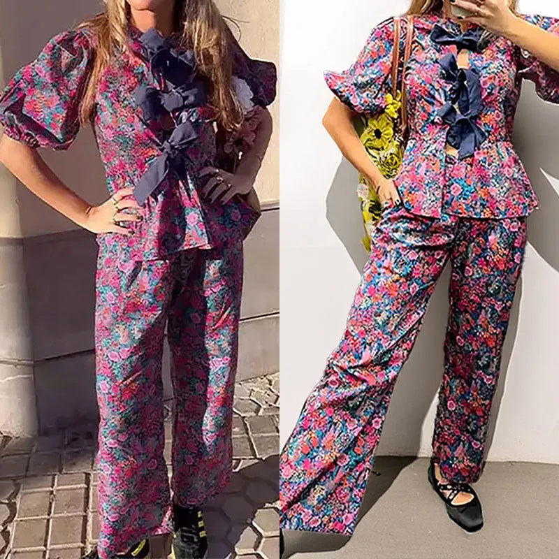 Women's floral printed polyester trousers suit with puff sleeves and tie-neck detail