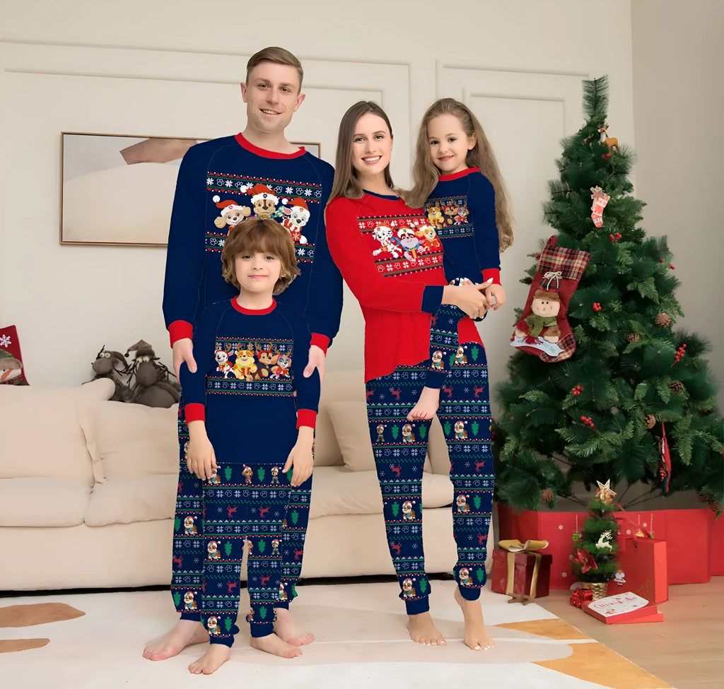 Matching family Christmas pyjamas set with plaid and deer print design in various sizes