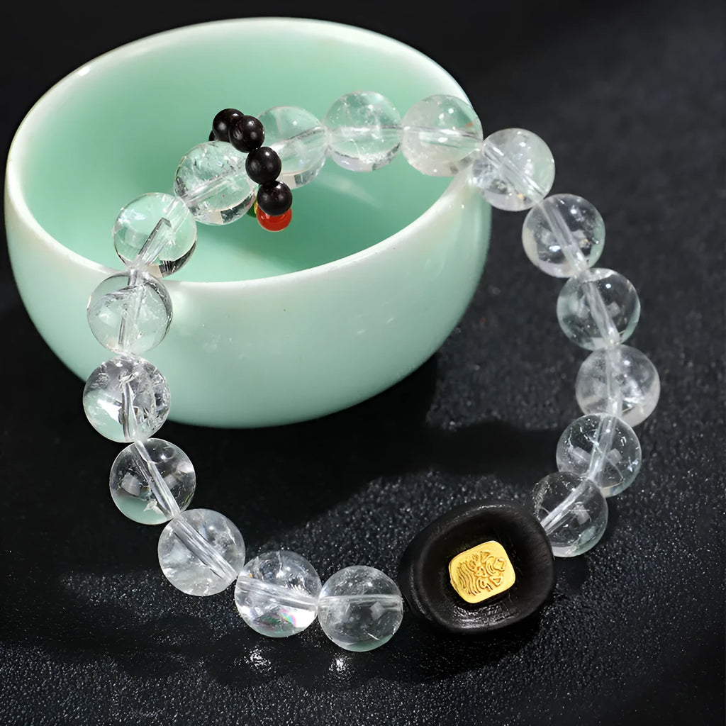 Handmade natural white crystal ebony five warp bracelet showing ethnic style design
