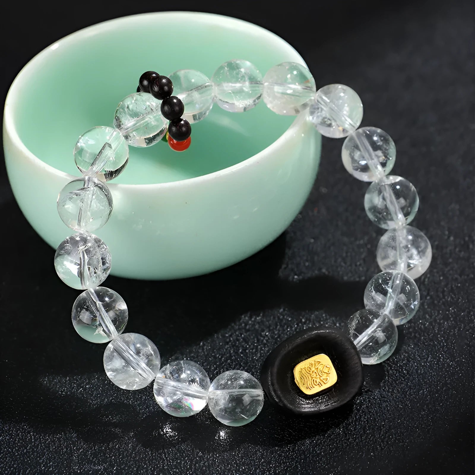 Handmade natural white crystal ebony five warp bracelet showing ethnic style design