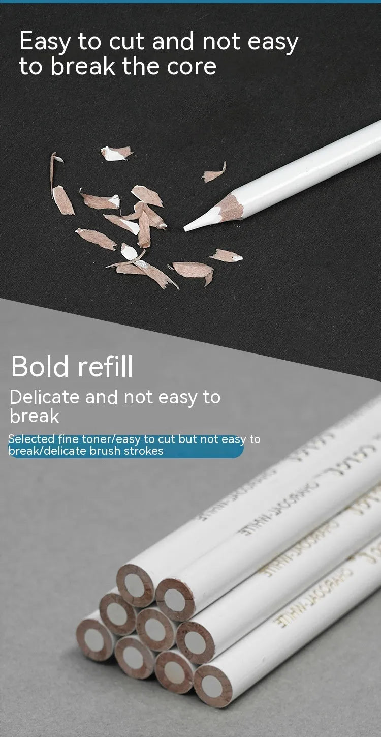 Three white charcoal sketching pencils with wooden shells on a dark surface.