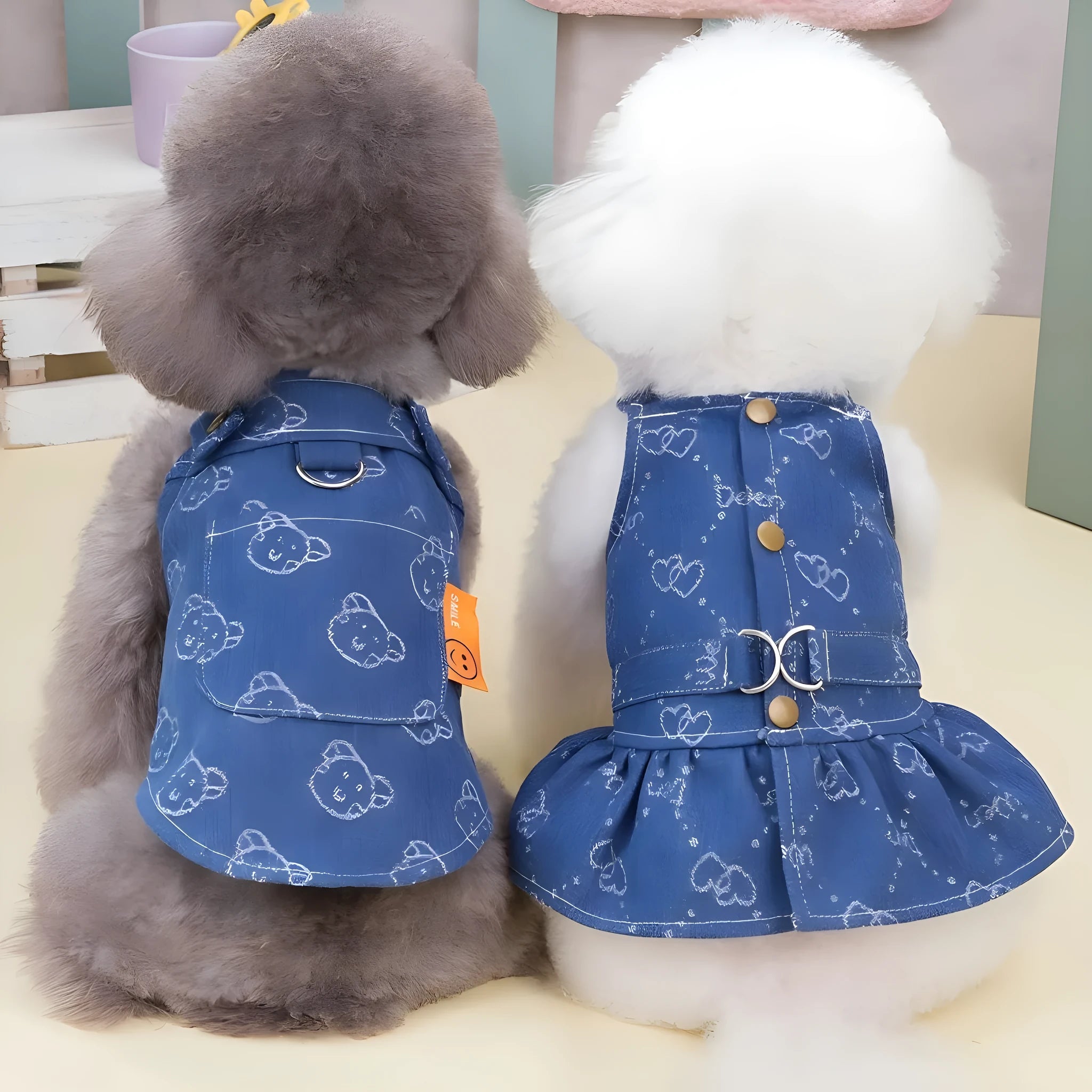 Bichon Frise dog wearing a light blue denim princess dress with a bracket skirt.