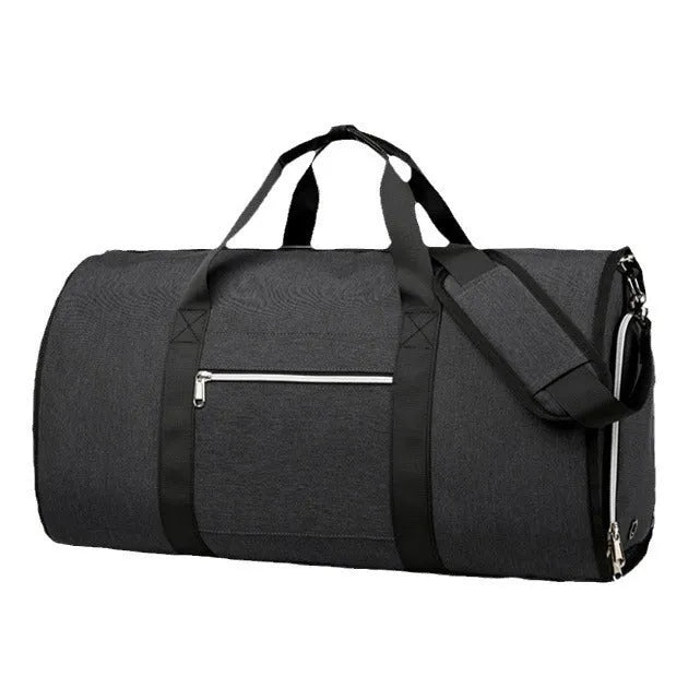 Oxford cloth multipurpose sports bag in grey, showing dry wet separation compartments and expansion feature.