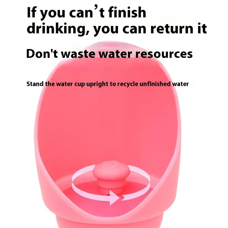 A folded and unfolded pink silicone water cup for dogs, showing its portable design.