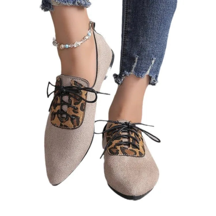 Beige leopard print women's pointed toe pumps with rubber sole in extended sizing