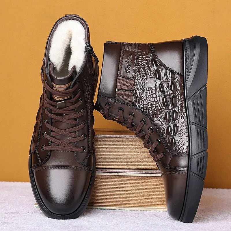 Men's black snow boots with fur trim, genuine leather upper, and rubber soles with lace-up closure