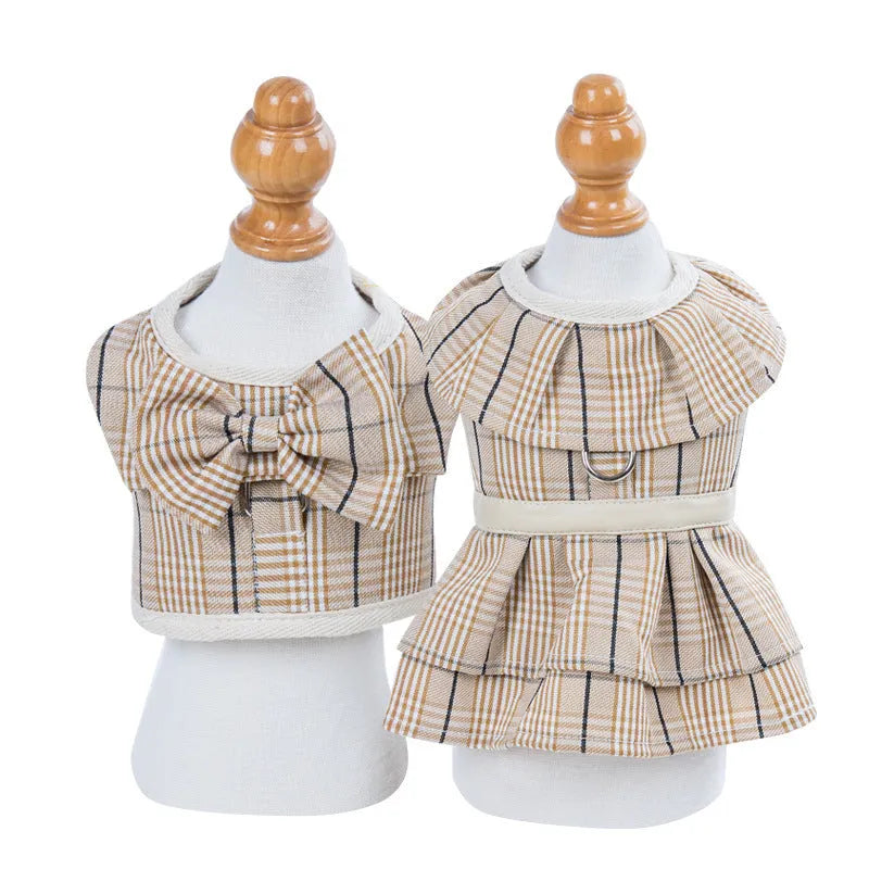 Adjustable polyester pet vest with hand holding rope in milky white or purple skirt colour