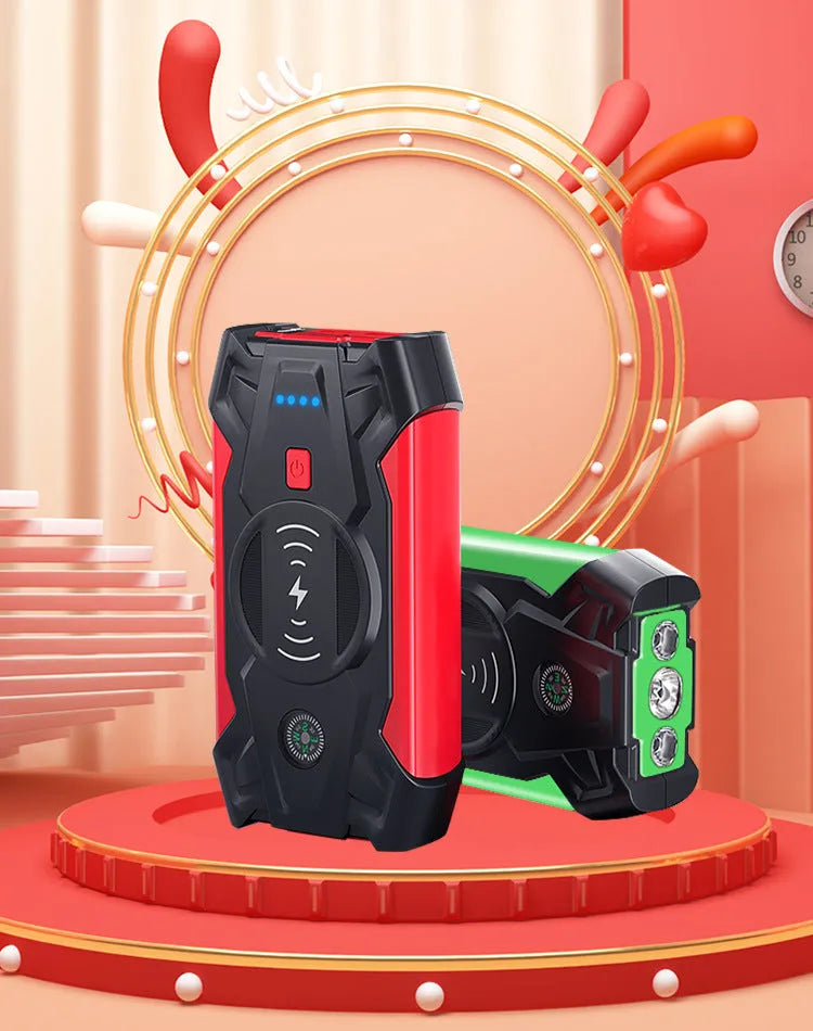 Red portable car jump starter power bank with heavy-duty jumper cables and a storage case.