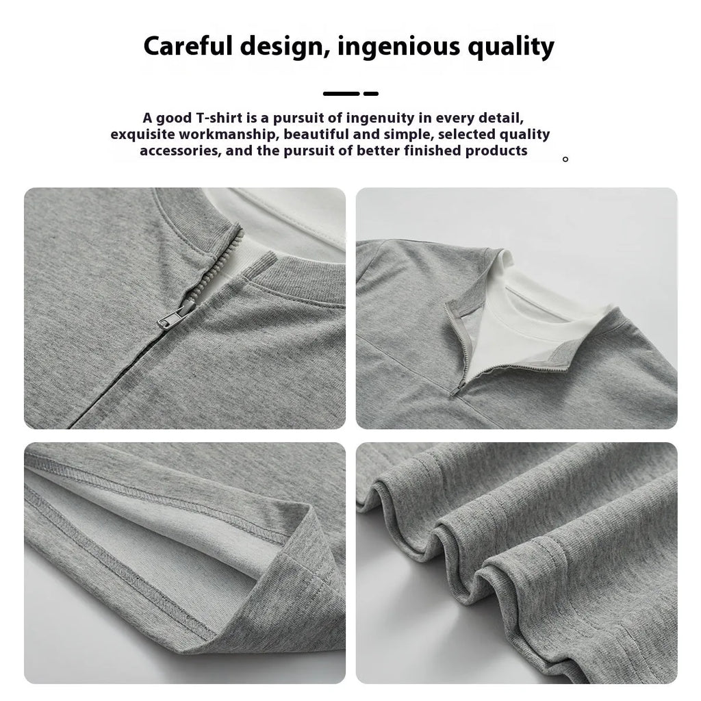 Women's loose blue patchwork top with false two-piece design on a hanger.