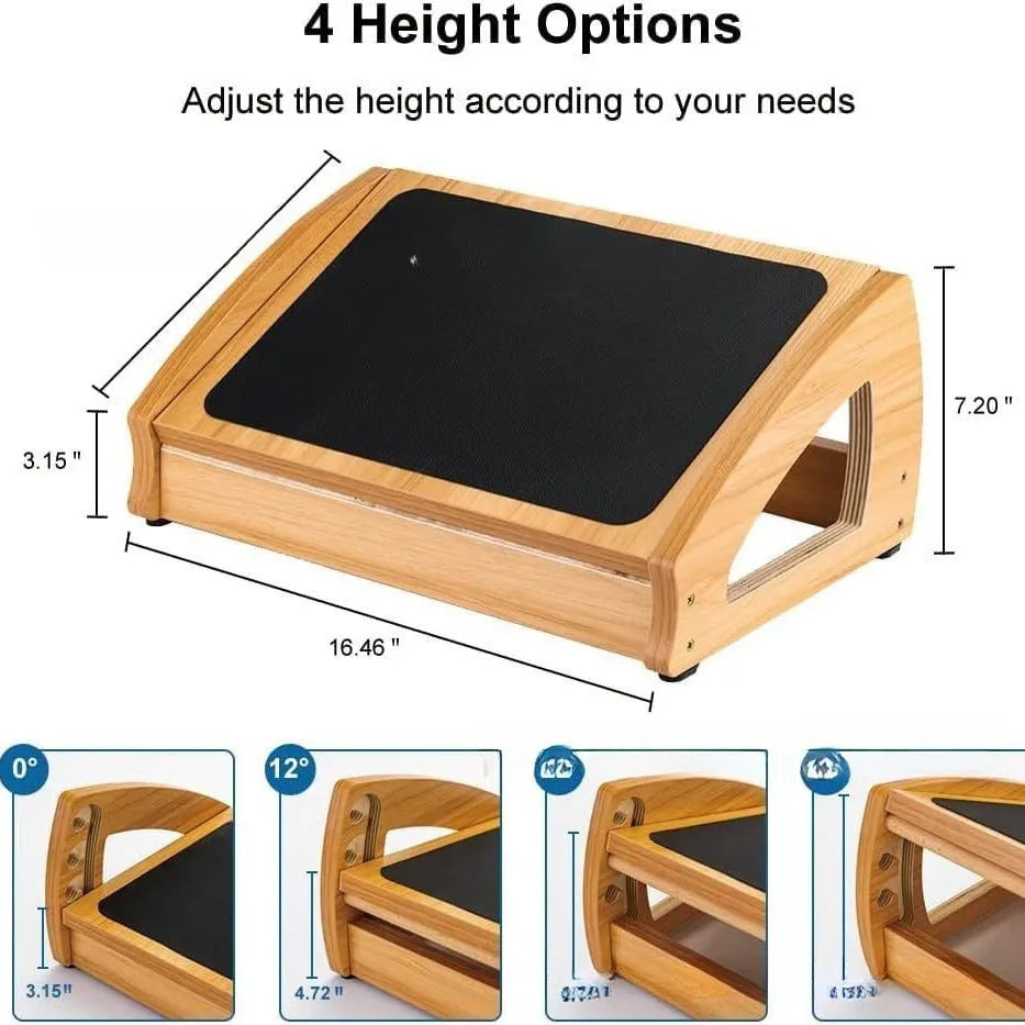 Natural wood colour adjustable bamboo office footstool for desk seating comfort