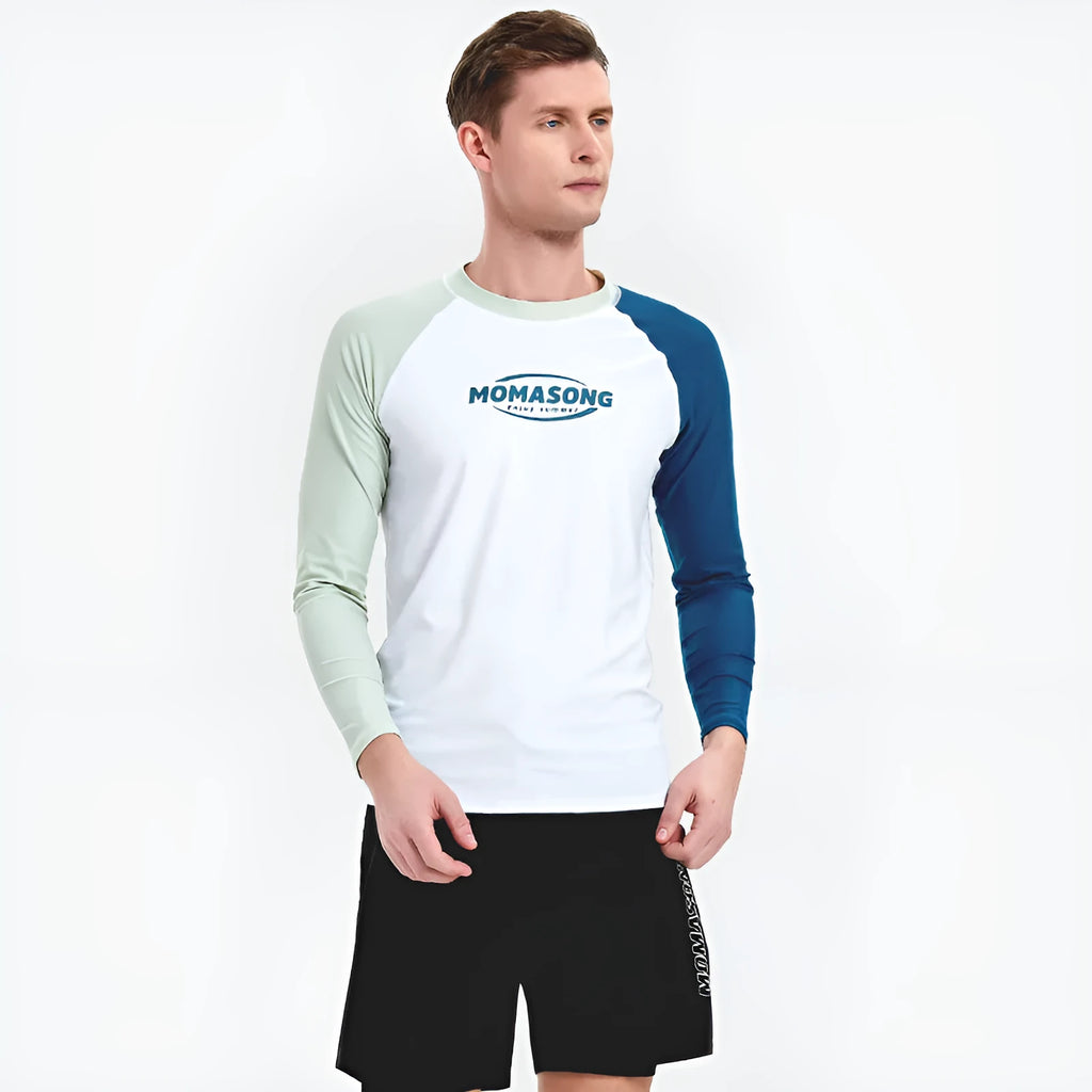 Men's white long-sleeved swim top with matching double-layer swimming trunks for water sports