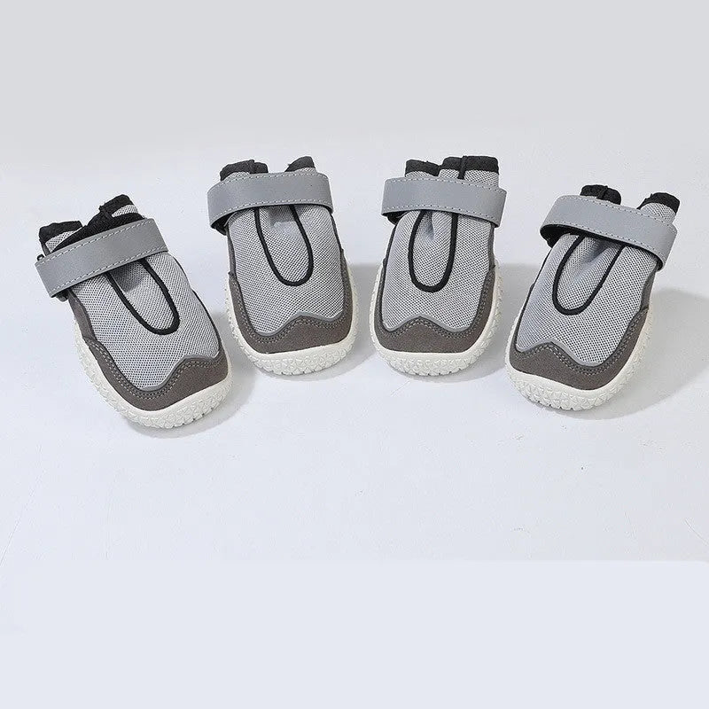 Grey wear-resistant breathable pet shoes with reflective tape and rubber outsole for dogs