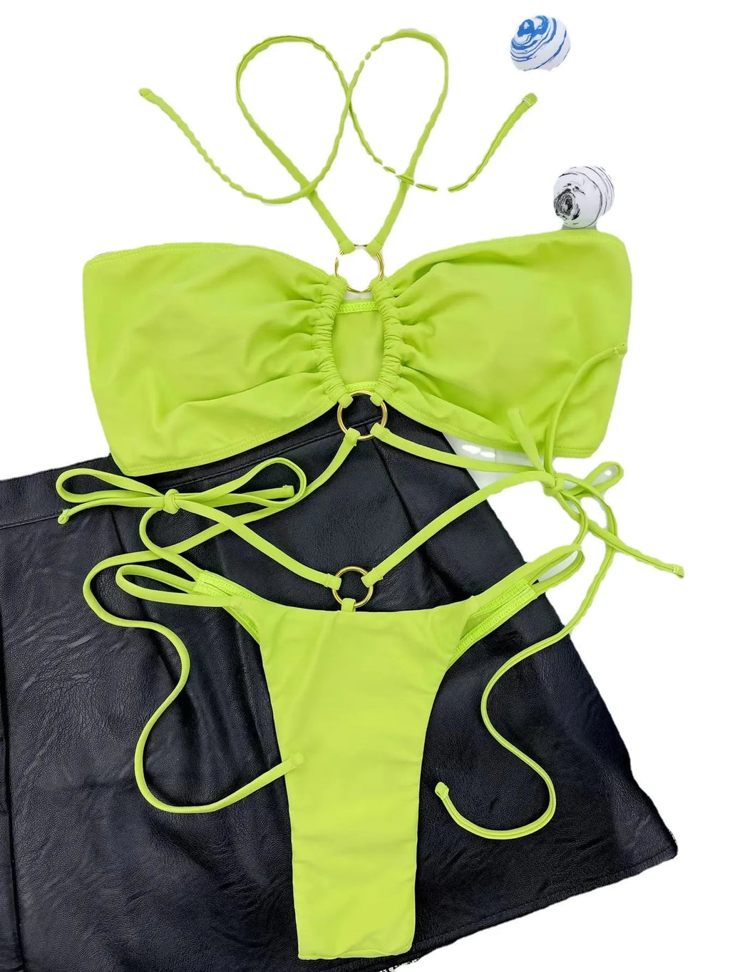 Yellow green women's triangle bikini with lace-up front detail