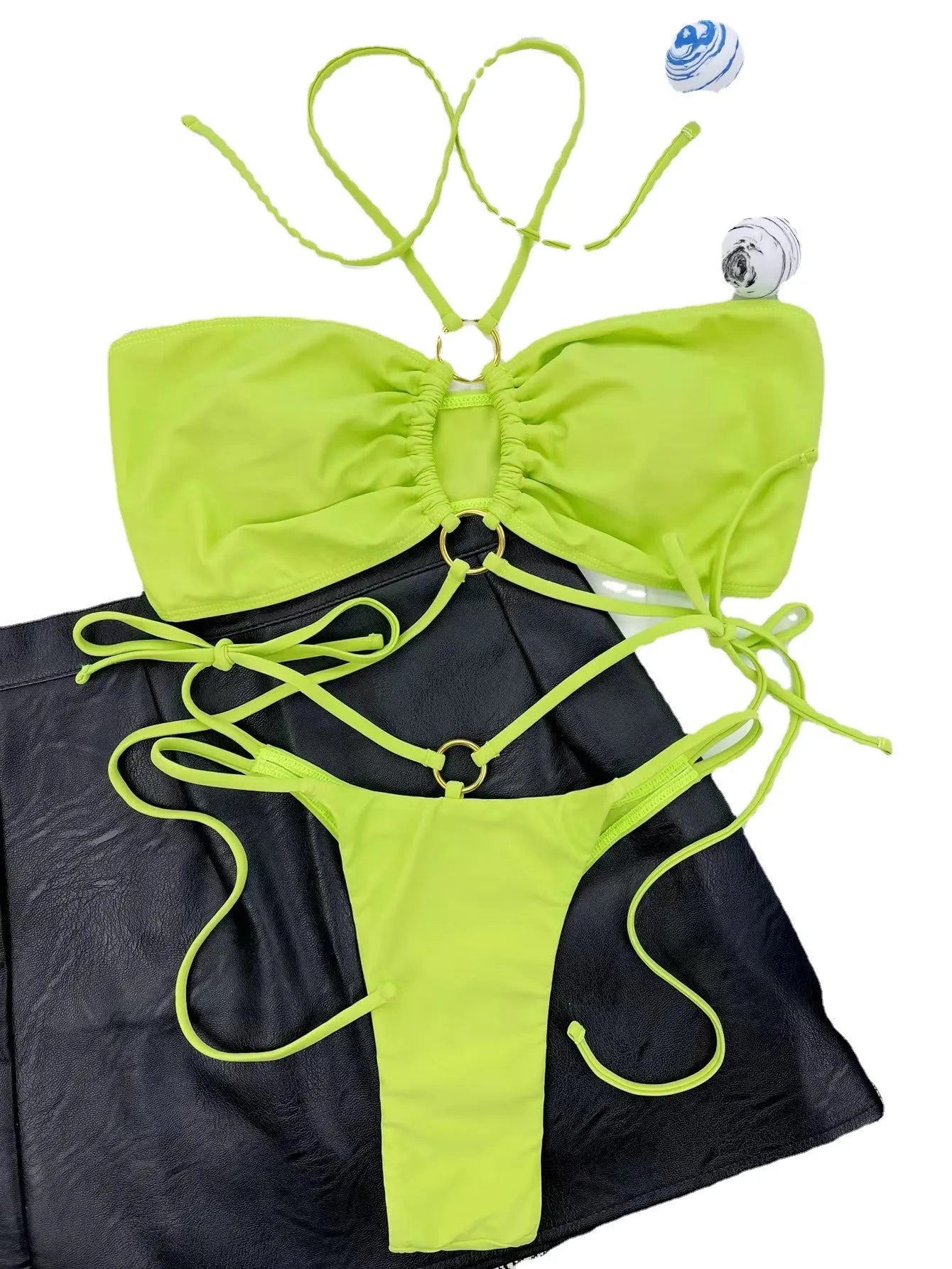 Yellow green women's triangle bikini with lace-up front detail