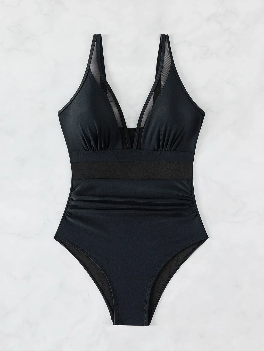Black halter neck one-piece swimsuit with brief-style bottom on a female mannequin.