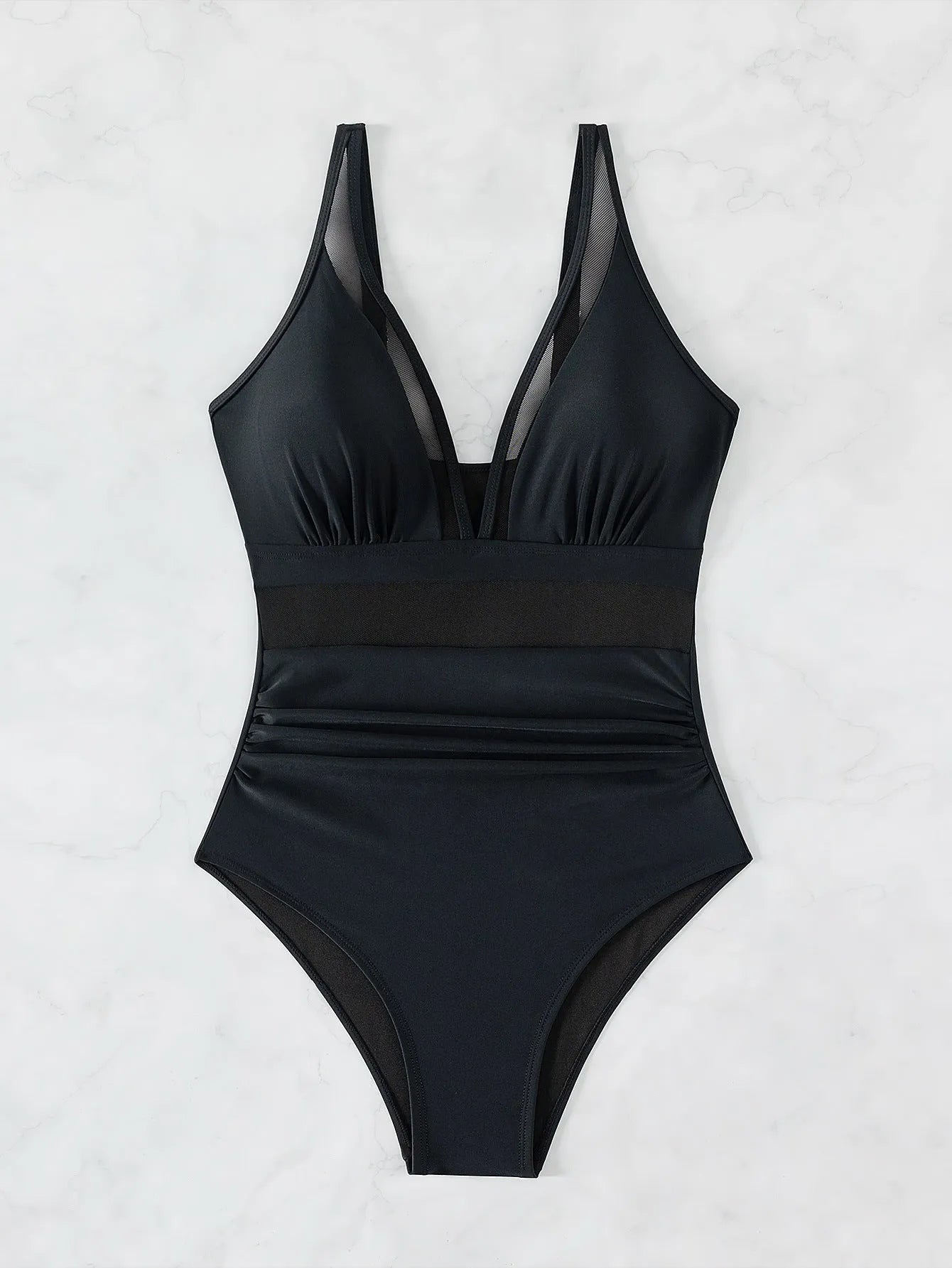 Black halter neck one-piece swimsuit with brief-style bottom on a female mannequin.