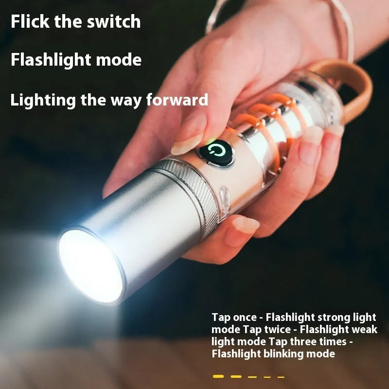 Orange and beige 10W dual-light flashlight with hook and keychain attachment