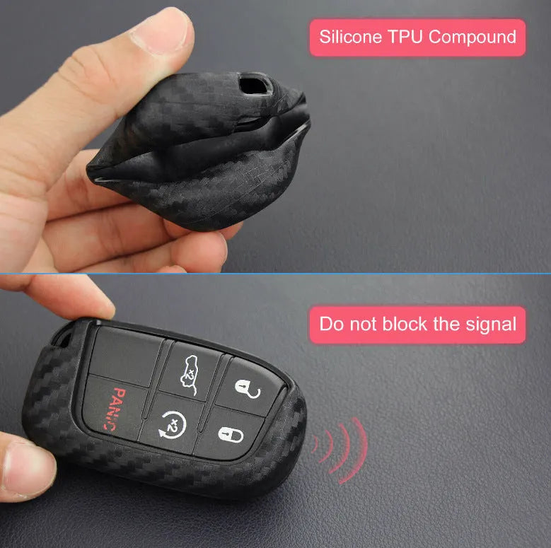 Black silicone key case with carbon fibre pattern for Dodge Chrysler Fiat remote key fobs.