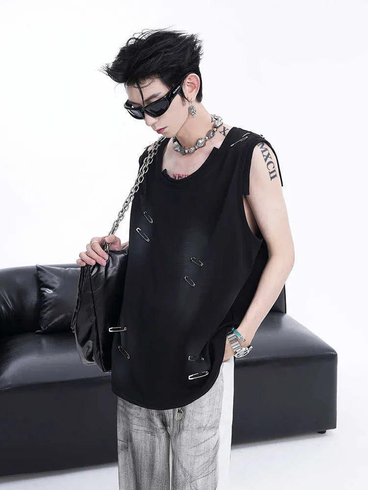 Men's black sleeveless vest waistcoat with ripped and irregular cutting detail on a mannequin.