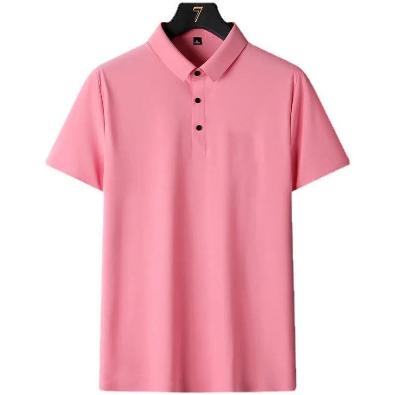 Non-ironing men's short sleeve business casual shirt in a solid colour on a hanger.