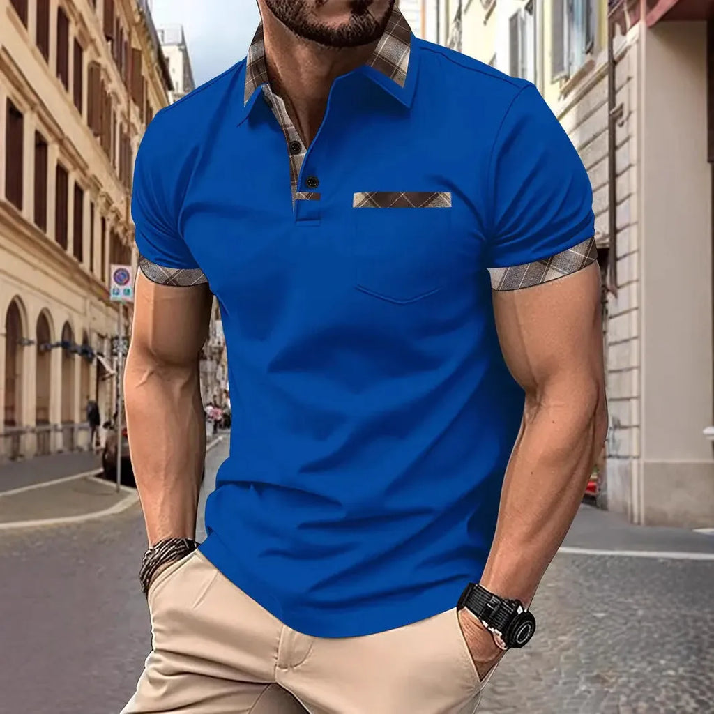 Men's loose fit short sleeve t-shirt with colourblock plaid design and zip decoration.