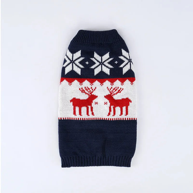 Navy blue knitted Christmas sweater for dogs on small to medium sized pet