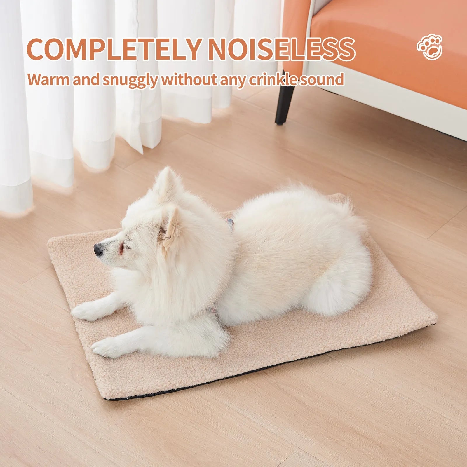Grey self-heating plush pet pad for cats and dogs on a wooden floor