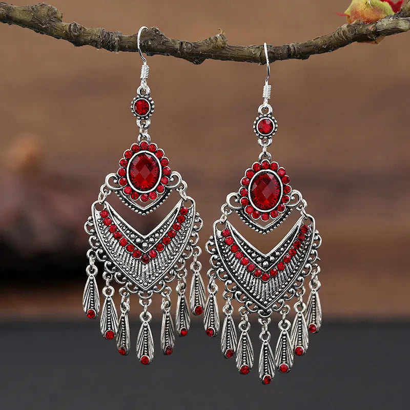 Purple retro crystal fringe earrings with ethnic styling and drop shape design