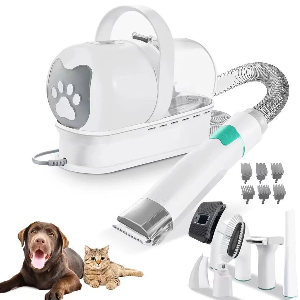White pet grooming device with vacuum trimming system for dog hair management