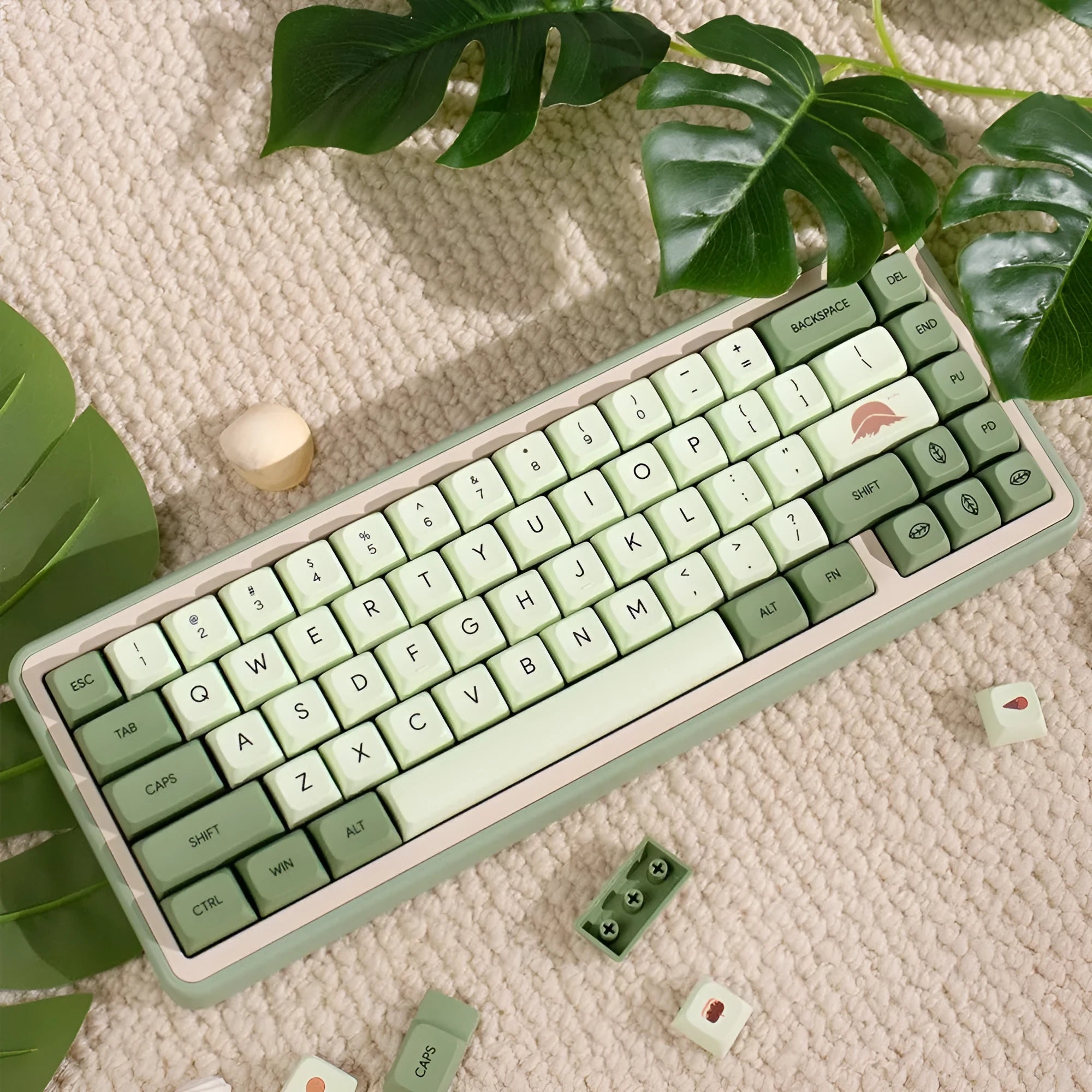 124-key Matcha green PBT keycap set for a mechanical keyboard, showing multiple language layout options.