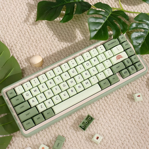 124-key Matcha green PBT keycap set for a mechanical keyboard, showing multiple language layout options.